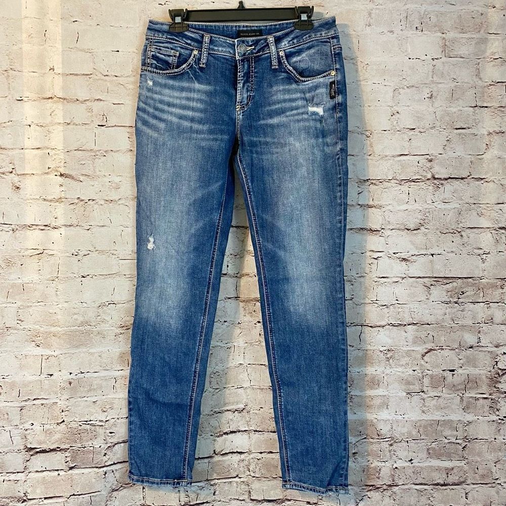 Silver Jeans Co. Women's Blue Medium Wash Light Distress Skinny Jeans Size 29 - Picture 4 of 10